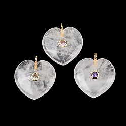 Хрусталь Природного кварца хрустальных подвесок, Подвески в форме сердца из горного хрусталя с фурнитурой из латуни, инкрустированной микрофиброй (цвет случайный)., золотые, 27~28x25x7.5~8 мм, отверстие : 2.5 мм
