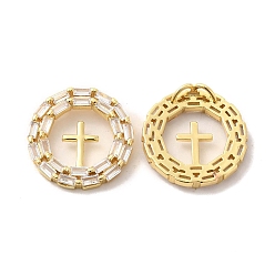 Clear Brass Micro Pave Cubic Zirconia Pendants, Flat Round with Cross Charm, Golden, Religion, Clear, 24x3.5mm, Hole: 2x3mm