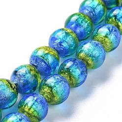 Blue Handmade Silver Foil Lampwork Beads, Luminous, Glow in the Dark, Round, Blue, 12mm, Hole: 1.4mm