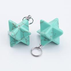 Synthetic Turquoise Synthetic Turquoise Pendants, with 201 Stainless Steel Split Rings, Stainless Steel Color, Merkaba Star, 22~23x16.5~17x19mm, Hole: 6mm