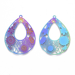 Rainbow Color Ion Plating(IP) 304 Stainless Steel Filigree Pendants, Etched Metal Embellishments,  teardrop, with Flower, Rainbow Color, 39x30x0.4mm, Hole: 1.6mm
