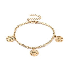 Golden 304 Stainless Steel Tree of Life Charm Bracelet with Cable Chains for Women, Golden, 7-1/8 inch(18cm)