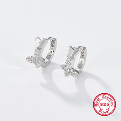 Clear Rhodium Plated Platinum Plated 925 Sterling Silver Hoop Earrings, Cubic Zirconia Butterfly Earrings, with 925 Stamp, Clear, 12x13.5mm
