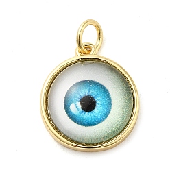 Deep Sky Blue Real 18K Gold Plated Brass Pendants, with Acrylic and Jump Ring, Flat Round with Evil Eye Charms, Deep Sky Blue, 16x14x5.5mm, Hole: 3.4mm