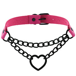 Blackheart Maroon Fashionable Heart-shaped Black Chain Collar Necklace with Lock, PU Leather Material