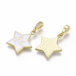 White Brass Micro Pave Cubic Zirconia Pendants, with Enamel, Nickel Free, Star with Word Re, Real 16K Gold Plated, White, 21x18.5x2mm, Hole: 2.5mm