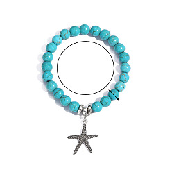 Starfish Synthetic Turquoise Beaded Bracelets, Bohemia Style Alloy Charms Stretch Bracelets for Women, Starfish Pattern, 6-3/4 inch(17cm), 8mm