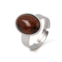Mahogany Obsidian Adjustable 304 Stainless Steel Finger Rings for Women, with Natural Mahogany Obsidian, Oval, Stainless Steel Color, 17mm