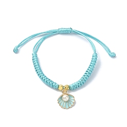 Turquoise Shell Shape Alloy Enamel Pendant Bracelets with ABS Plastic Imitation Pearl, Adjustable Waxed Polyester Braided Cord Bracelets, for Women, Turquoise, 0.12cm, Inner Diameter: 1-1/8~3-3/8 inch(2.9~8.5cm)
