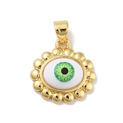 Green Brass Pendants, with Acrylic, Cadmium Free & Lead Free, Long-Lasting Plated, Oval with Evil Eye, Real 18K Gold Plated, Green, 16x16.5x5.5mm, Hole: 4x3.5mm
