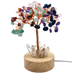 Mixed Stone Natural Gemstone Chips Tree Night Light Lamp Decorations, Wooden Base with Copper Wire Feng Shui Energy Stone Gift for Home Desktop Decoration, 120mm