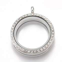 Platinum Alloy Magnetic Locket Pendants, with Rhinestone and Glass, Flat Round, Crystal, 37x30.5x7.5mm, Hole: 3.5mm, Inner diameter: 23mm