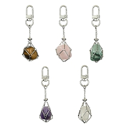 Platinum Brass Braided Chain Pouch Holder Pendant Decorations, with Gemstone Nuggets and Alloy Swivel Clasps, Platinum, 80~90mm
