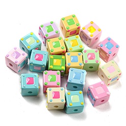 Mixed Color Opaque Acrylic European Beads, with Enamel, Large Hole Beads, Cube, Mixed Color, 14.6x19x14mm, Hole: 4mm