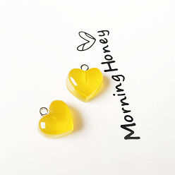 Gold Transparent Resin Pendants, with Platinum Tone Metal Loops, Heart, Gold, 16x18x10mm