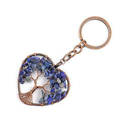 Sodalite Natural Sodalite Pendant Keychains, with Brass Findings and Alloy Key Rings, Heart with Tree of Life, 10.7cm