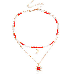 2# Red Tone Bohemian Mixed Color Beaded Crescent Evil Eye Pendant Necklace for Women