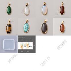 Pierre Mélangete 8 pièces 8 styles opale, malachite synthétique, turquoise et pierre de soleil, Pendentifs en jade blanc naturel, cornaline, œil de tigre et agate grise, breloques ovales avec montures en laiton, or, 35x16.5x6mm, Trou: 6.5x4.5mm, 1 pc / style