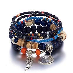 Prussian Blue Bodhi & Glass Seed Beads Stretch Bracelets Sets, Bohemia Style Wing & Tower Alloy Charms Bracelets for Women, Prussian Blue, 7-1/8 inch(18cm)