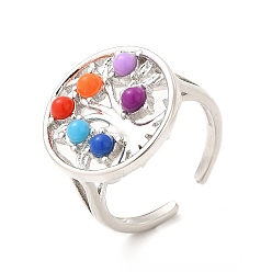 Platinum Colorful Resin Beaded Tree of Life Open Cuff Ring, Brass Jewelry for Women, Platinum, US Size 6 3/4(17.1mm)