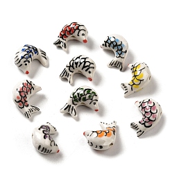 Mixed Color Handmade Printed Porcelain Beads, Famille Rose Porcelain, Fish, Mixed Color, 14~15x20~20.5x10~10.5mm, Hole: 1.8~2mm