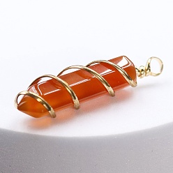 Red Agate Natural Red Agate Copper Wire Wrapped Pointed Pendants, Faceted Bullet Charms, Golden, 45x10mm