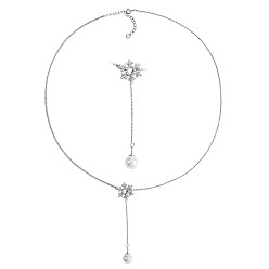 Platinum Christmas Snowflake with Pearl Tassel Pendant Lariat Necklace, Rhodium Plated 925 Sterling Silver Jewelry for Women, Platinum, 15.35 inch(39cm)