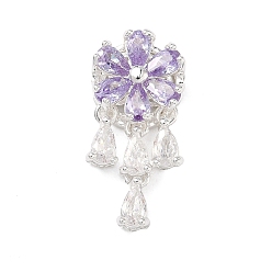 Лиловый Латунные микро проложить кубического циркония подвески, цветок с подвесками-каплями, 925 серебро покрытием, сирень, 24.5x11.5x6 мм, отверстие : 1.6 мм