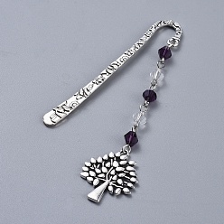 Purple Alloy Bookmarks, with Glass Beads, Tree, Antique Silver, Purple, 101.5mm