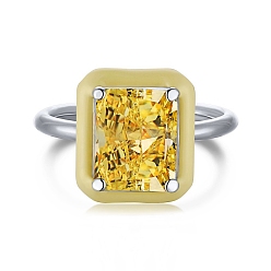 Yellow Rhodium Plated 925 Sterling Silver Rings, Birthstone Ring, Real Platinum Plated, with Enamel & Cubic Zirconia for Women, Rectangle, Yellow, US Size 6(16.5mm)