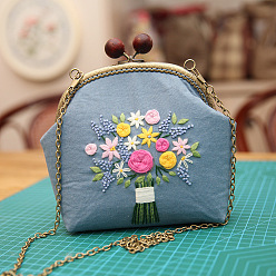 Light Steel Blue DIY Flower Pattern Wood Bead Kiss Lock Handbag Embroidery Kits, Including Printed Cotton Fabric, Embroidery Thread & Needles, Embroidery Hoop, Light Steel Blue, 270x450mm