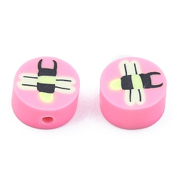 Pearl Pink Handmade Polymer Clay Beads, Flat Round with Fly Pattern, Pearl Pink, 9x5mm, Hole: 1.8mm