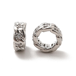 Платина Реечное покрытие латунь микро паве кубический цирконий европейские бусины, бусины с большим отверстием, долговечный, без свинца и без кадмия, бордюрная цепь плоская круглая, платина, 7.5x3.5 мм, отверстие : 4.8 мм