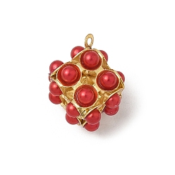 Красный Подвески из искусственного жемчуга, квадратный, с золотой латуни нахождения, ионное покрытие (ip), долговечный, без свинца и без кадмия, красные, 16.5x12.5x13 мм, отверстие : 1 мм