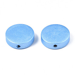 Светло-Голубой Расписные бусы из натурального дерева, жемчужные, плоско-круглые, Небесно-голубой, 15x4.5 мм, отверстие : 1.8 мм