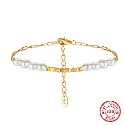 Real 14K Gold Plated Natural Pearl Beaded Bracelet with 925 Sterling Silver Paperclip Chains, Real 14K Gold Plated, 6-3/4 inch(17.3cm)
