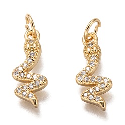 Golden Brass Micro Pave Clear Cubic Zirconia Pendants, Long-Lasting Plated, with Jump Ring, Snake, Golden, 15.5x6.5x2mm, Jump Ring: 5x1mm, 3mm Inner Diameter