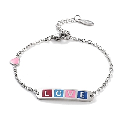 Разноцветный 201 браслеты в форме сердца и прямоугольника из нержавеющей стали со звеньями Word Love, женские браслеты с эмалью, красочный, 6-1/2 дюйм (16.5 см)