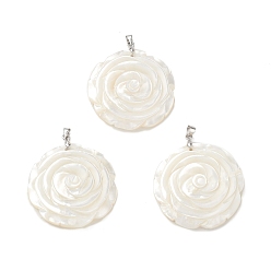 Platinum Natural White Shell Pendants, Flower Rose Charms, with Brass Snap on Bails, Cadmium Free & Lead Free, Platinum, 39x7mm, Hole: 6x4mm