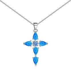 Real Platinum Plated Cross Rhodium Plated 925 Sterling Silver Pendant Necklaces, with Synthetic Opal, Real Platinum Plated, 15.94 inch(40.5cm)