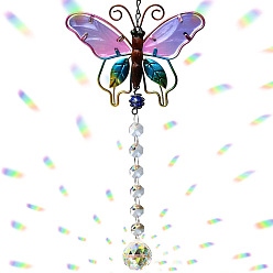 Lilac Crystal Ball Chandelier Suncatcher Prisms Hanging Ornament, Window Rainbow Maker with Butterfly, Lilac, 370mm, Butterfly: 130mm long