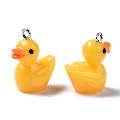 Gold Opaque Resin Pendants, with Platinum Tone Iron Loop, 3D Duck, Gold, 22~23x16.5x13.5mm, Hole: 2mm
