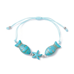 Synthetic Turquoise Fish & Starfish Synthetic Turquoise Braided Bead Bracelets, Adjustable Nylon Thread Bracelets for Women, Inner Diameter: 1~3-1/8 inch(2.6~8cm)