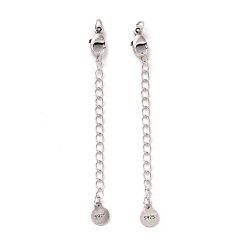 Antique Silver 925 Sterling Silver Chain Extenders, with Lobster Claw Clasps & Charms, Flat Round, Antique Silver, 63x2.5mm, Hole: 2.4mm