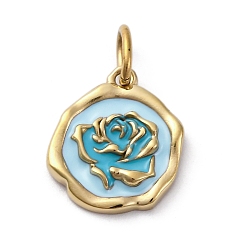 Светло-Голубой 304 нержавеющей стальной эмали подвески, с целью перехода в кольце, плоская круглая с подвеской в виде цветка, реальный 14 k позолоченный, ионное покрытие (ip), Небесно-голубой, 15.5x13.5x2.5 мм, отверстие : 5x3 мм