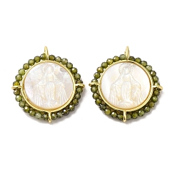 Темно-оливково-зеленый Покрытие стойки латунь микро паве кубический цирконий и подвески в виде ракушек, долговечный, без кадмия и без свинца, реальный 18 k позолоченный, Плоские круглые подвески с узором Девы Марии, темно-оливковый зеленый, 24.5x22.5x3.6 мм, отверстие : 2.6x3 мм