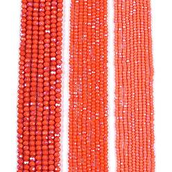 Помидор Гальванизировать непрозрачные сплошной цвет стеклянные бусы пряди, с половиным покрытием цвета радуги, граненые, рондель, помидор, 2.3~2.7x1.5 мм, отверстие : 0.4 мм, около 135~140 шт / нитка, 26~27 см