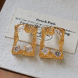 Rectangle Серьги-гвоздики из латуни с паве из кубического циркония, золотые, прямоугольные, 24.9x18.9 мм