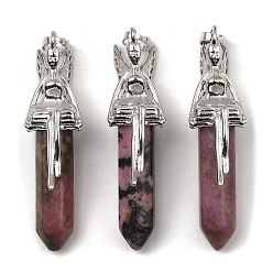 Rhodonite Natural Rhodonite Pointed Pendants, Faceted Bullet Charms, with Rack Plating Platinum Plated Brass Fairy, 24x13mm, Hole: 5x8mm
