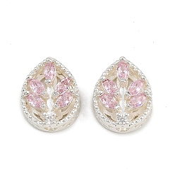 Pink Многожильные звенья из латуни с паве из кубического циркония, долговечный, лист, серебряный цвет гальваническим, розовые, 12x10x6 мм, отверстие : 2 мм